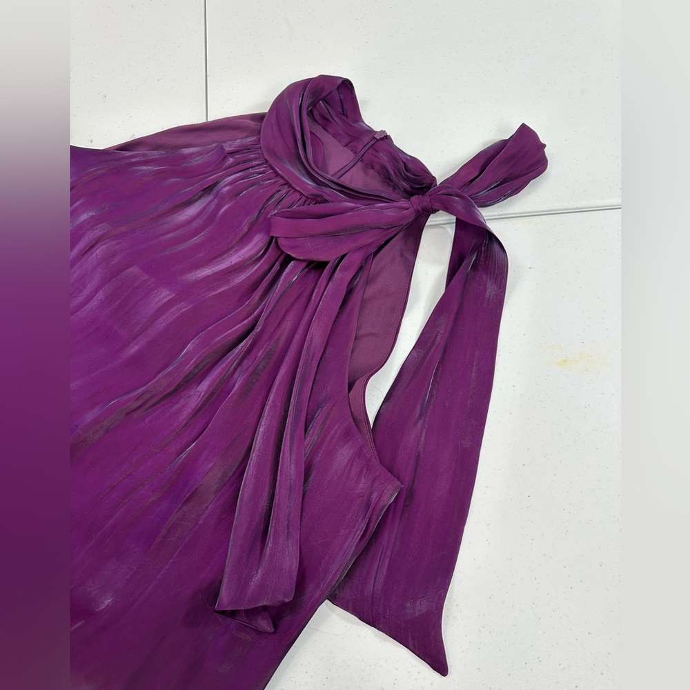 Anne Klein Iridescent Tiered Shift Dress Bow Tie Neck Party Cocktail Purple Bloo - Picture 11 of 15